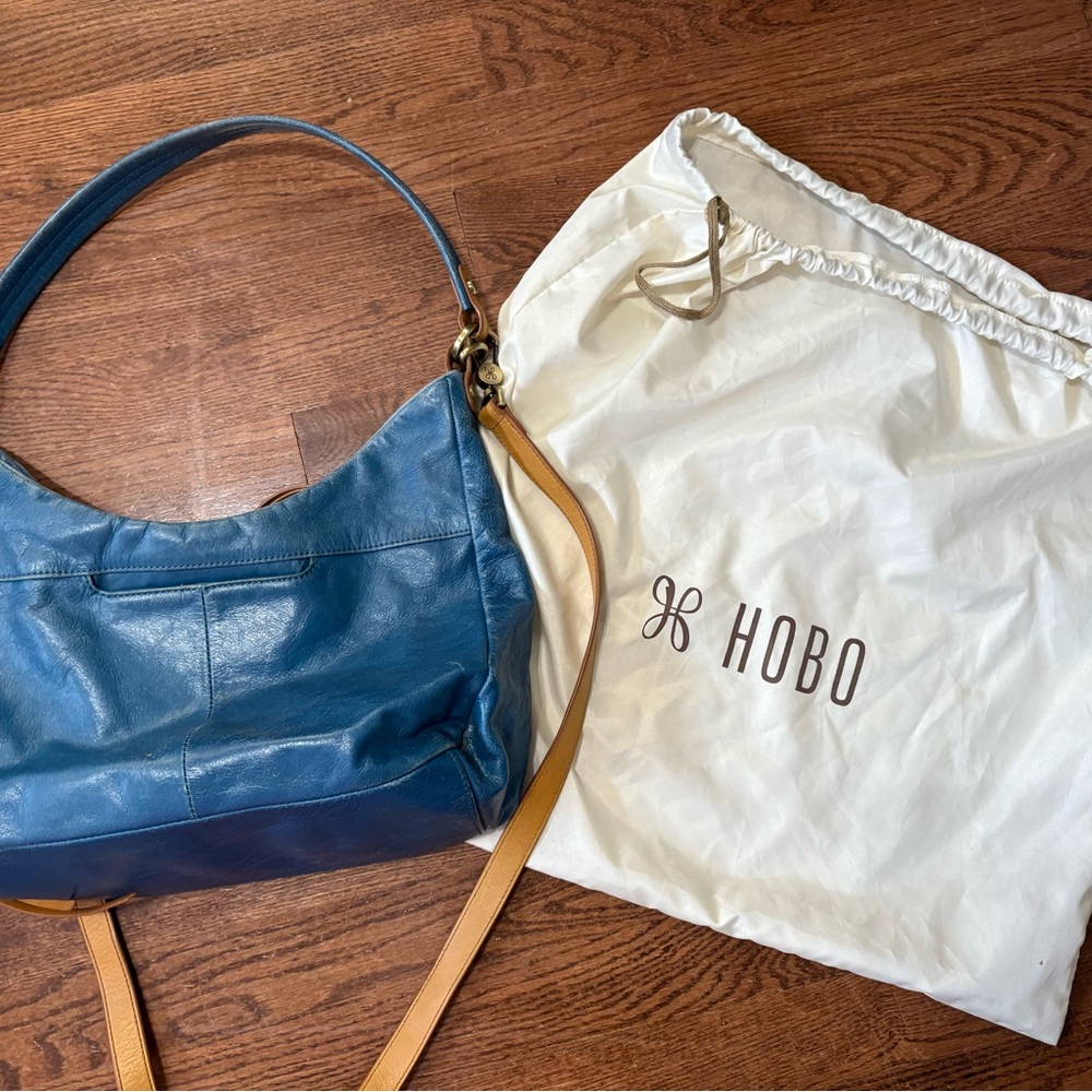 Vintage HOBO Blue and Tan Leather Hobo Bag with original dust bag.